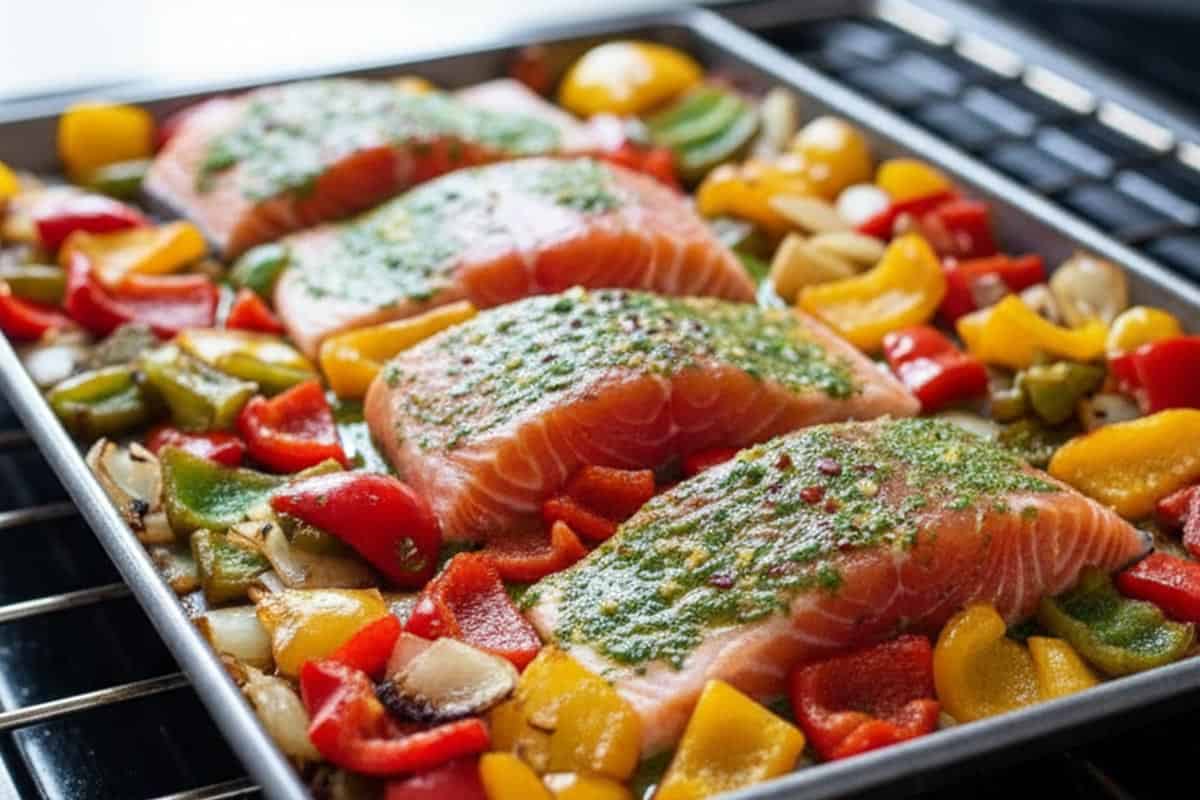 Arranged salmon, peppers, and onion in a single layer on the pan.