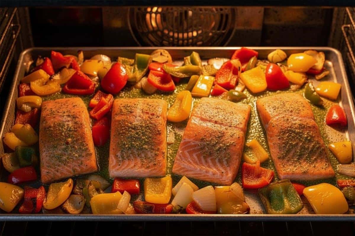 Broiling the salmon and peppers.