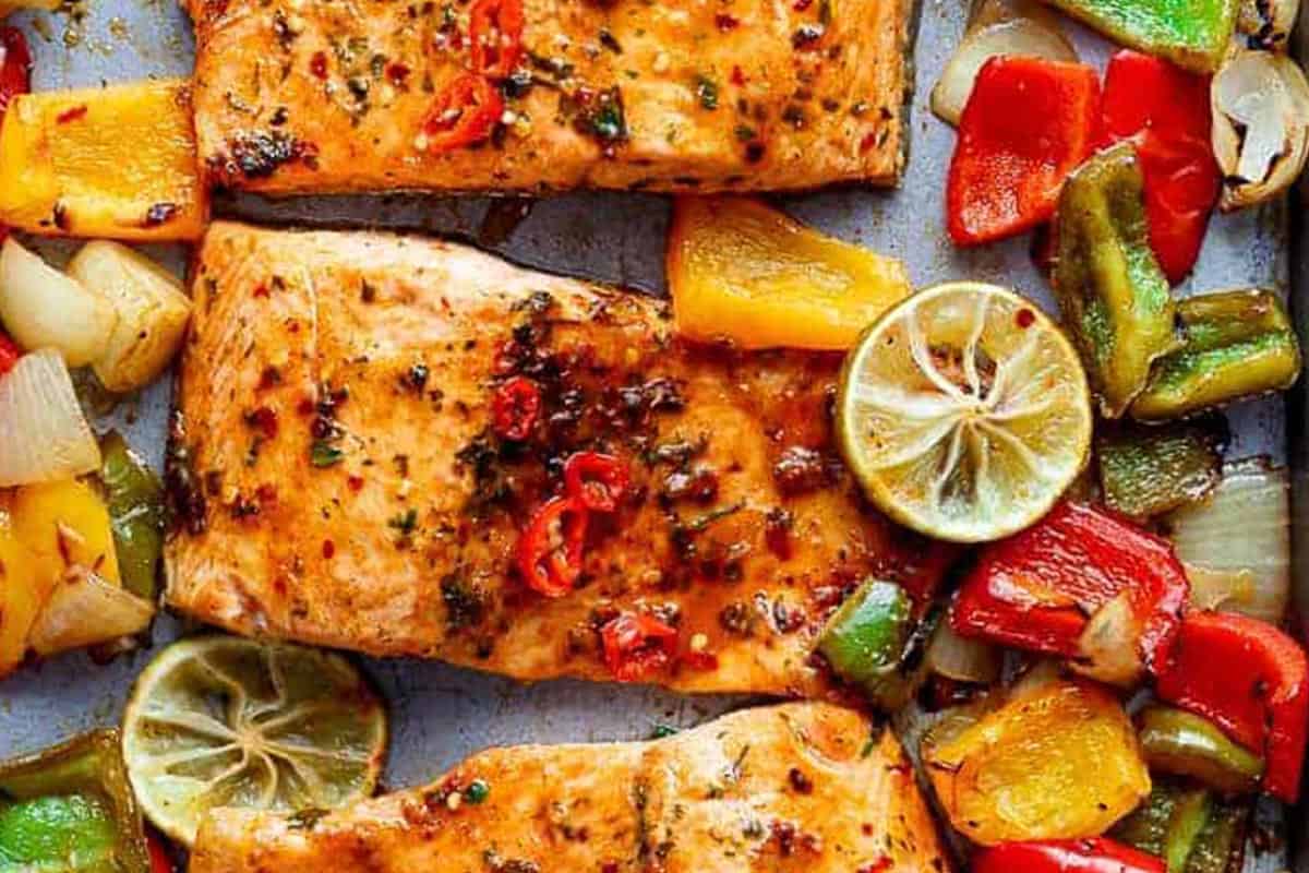 Close-up shot of Sheet Pan Chili Lime Salmon.