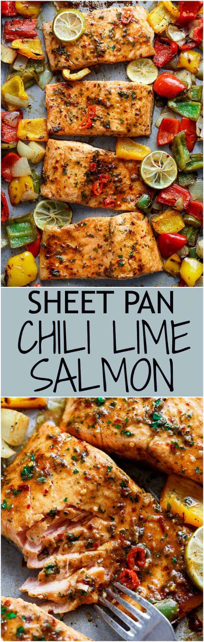 Sheet Pan Chili Lime Salmon with Fajita flavours, and a charred, crispy roasted trio of peppers for an easy and healthy weeknight meal! | https://cafedelites.com