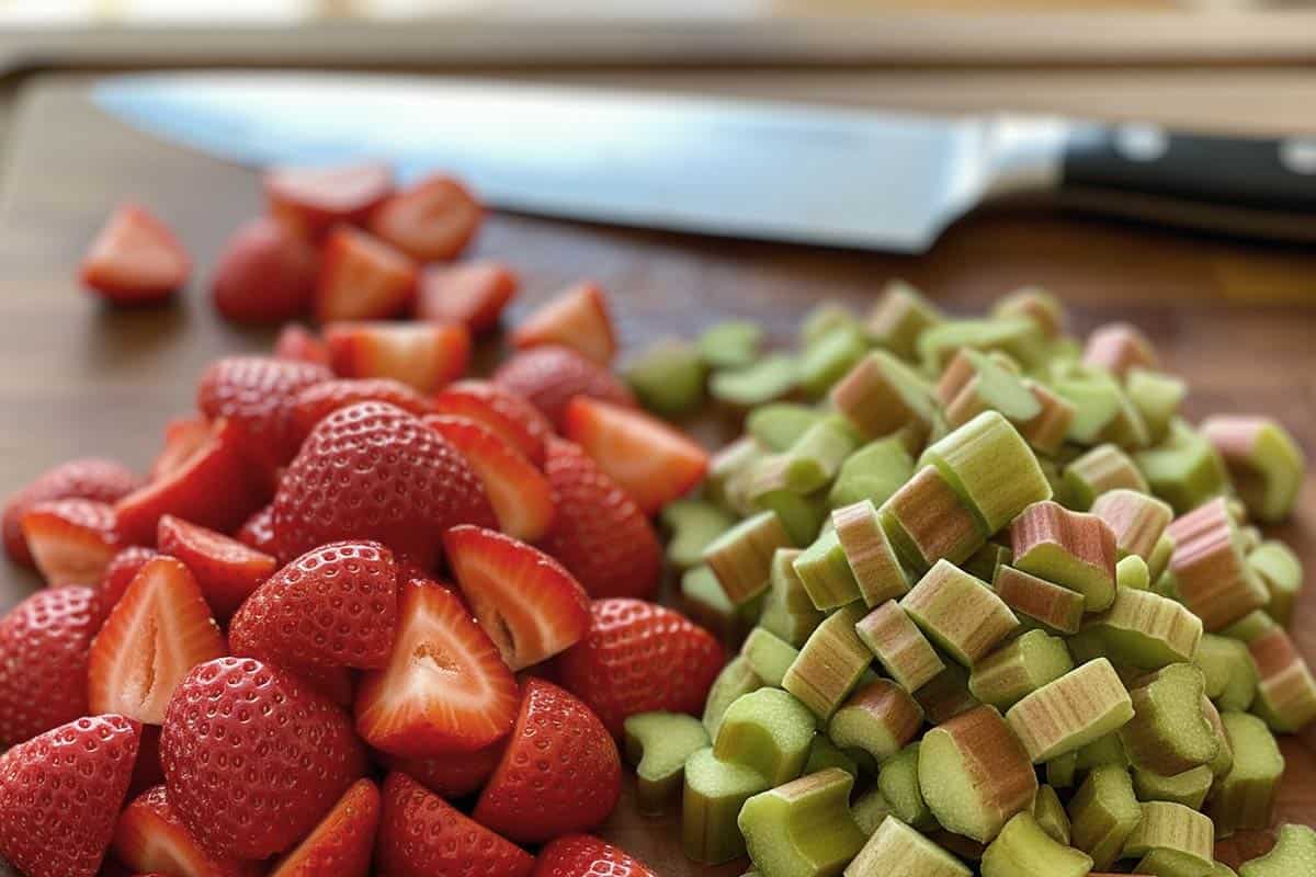 Quartered strawberries and sliced rhubarb.