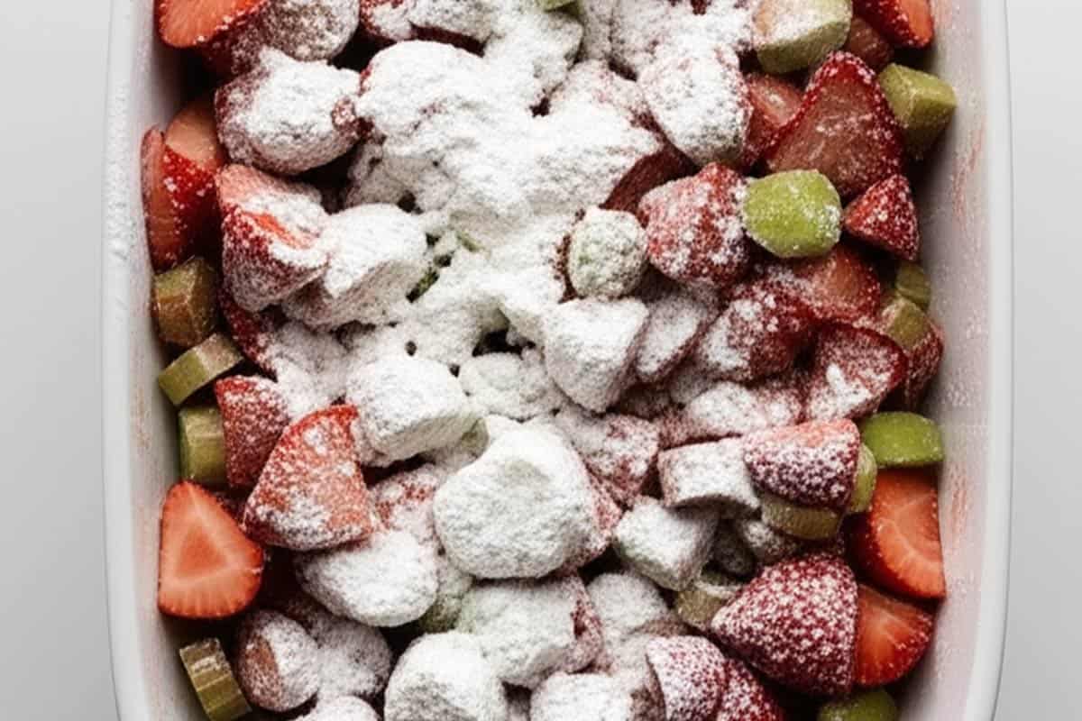 Strawberries, rhubarb, sugar, cornstarch, and vanilla in a baking dish.