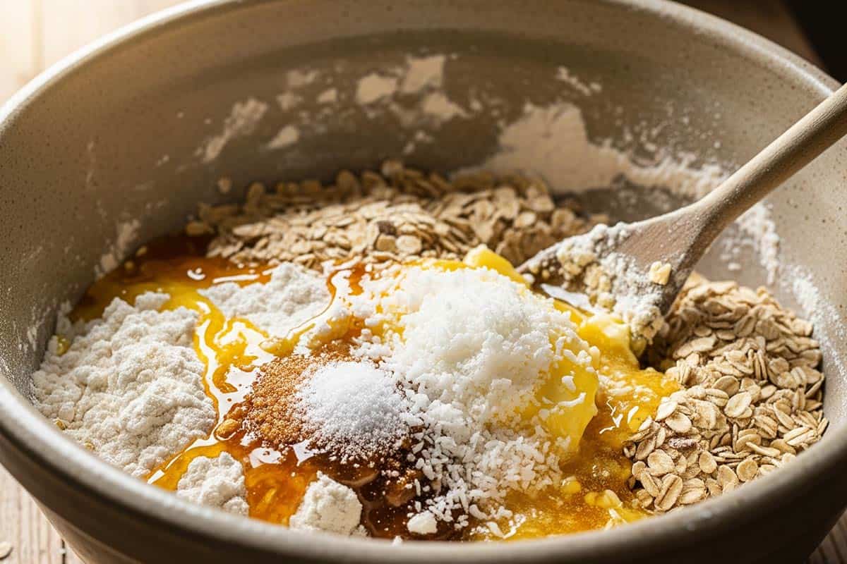 Oats, flour, coconut, honey, butter, sugar, and a pinch of salt In a bowl.