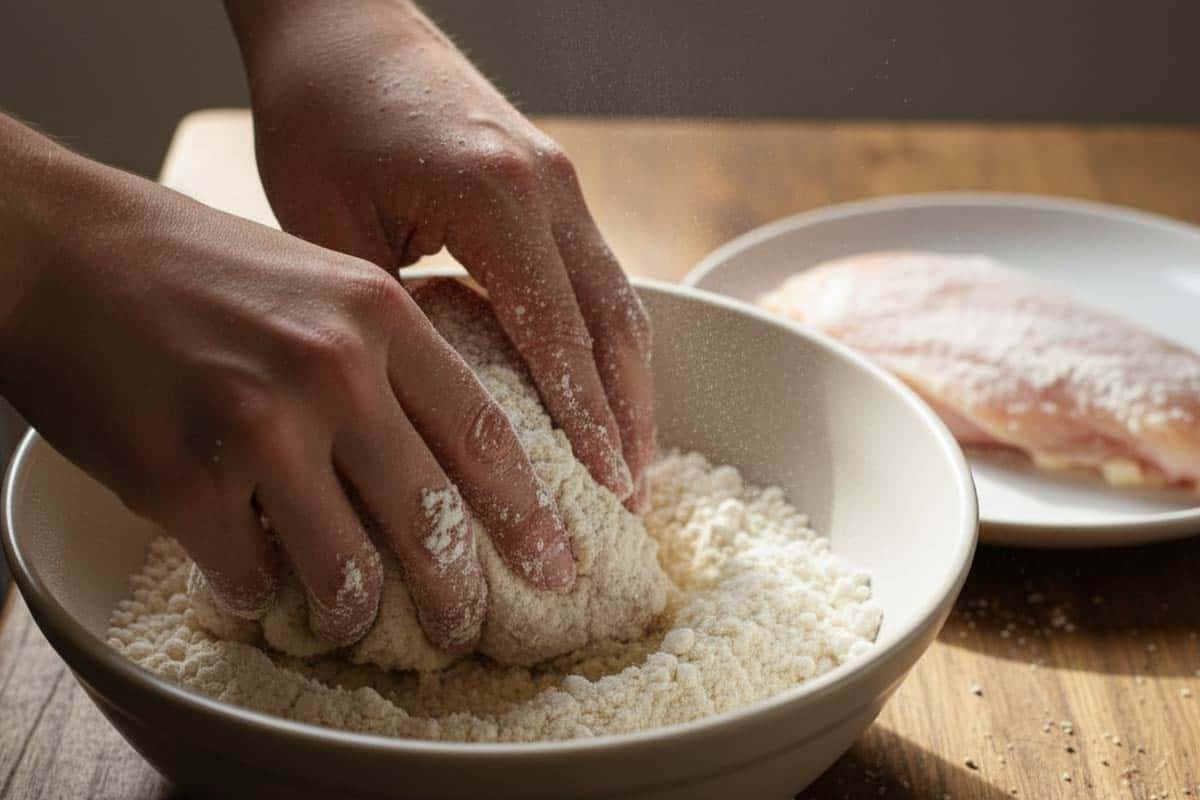 Dredging chicken with flour mixture.