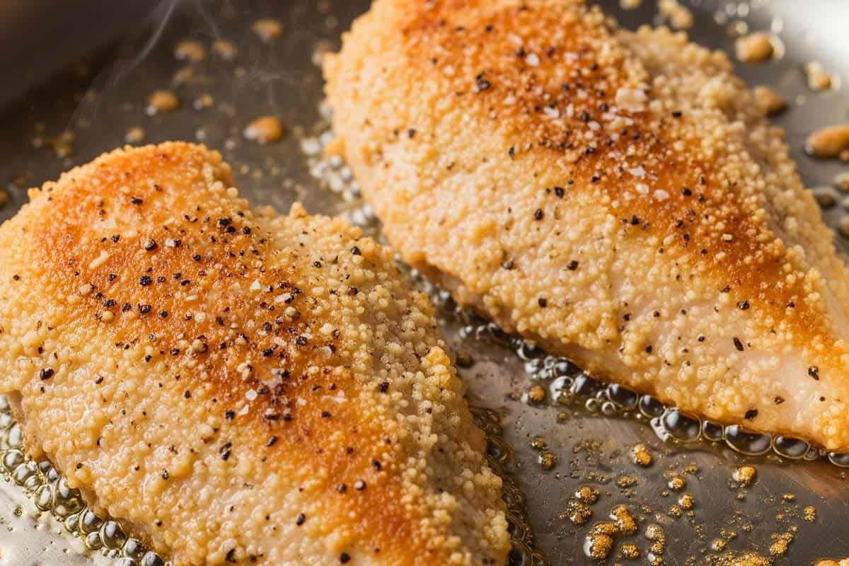 Searing chicken in a pan.