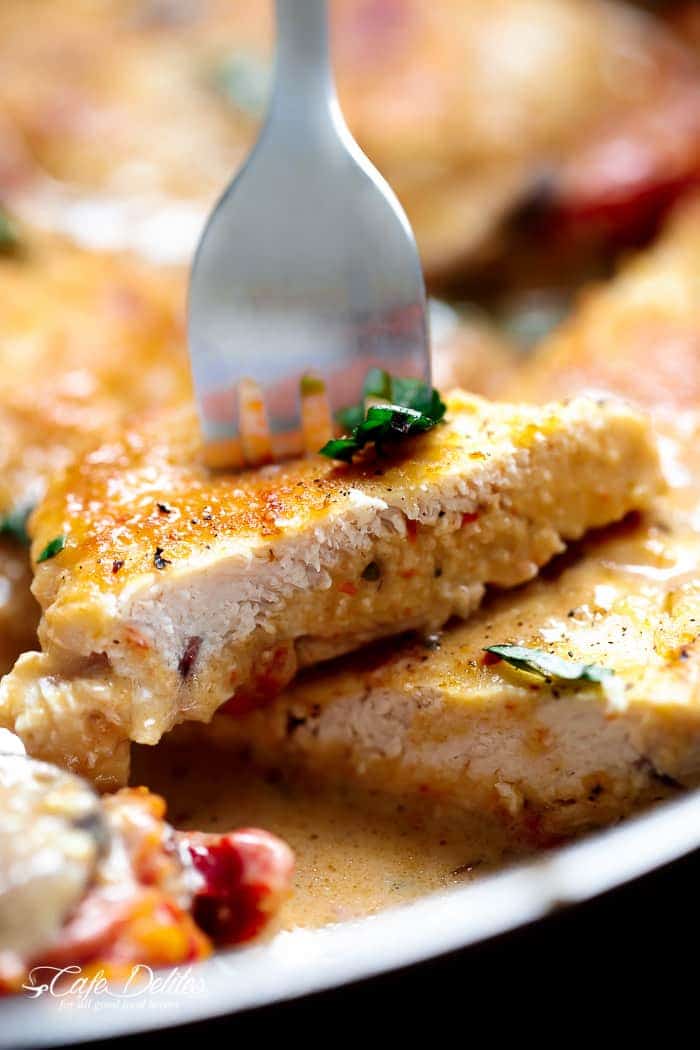 A thick and creamy Sun Dried Tomato Parmesan Chicken with Mushrooms Creamy Sun Dried Tomato Parmesan Chicken (No Cream)