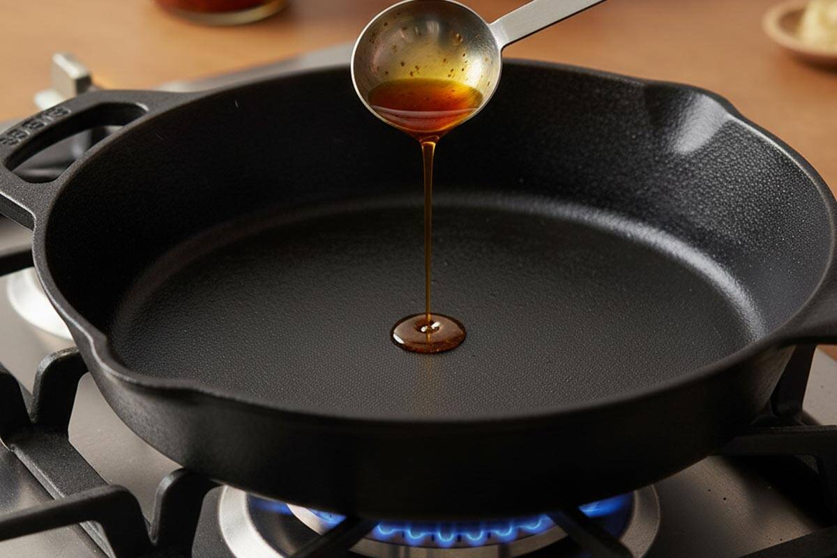 Pouring oil in the pan.