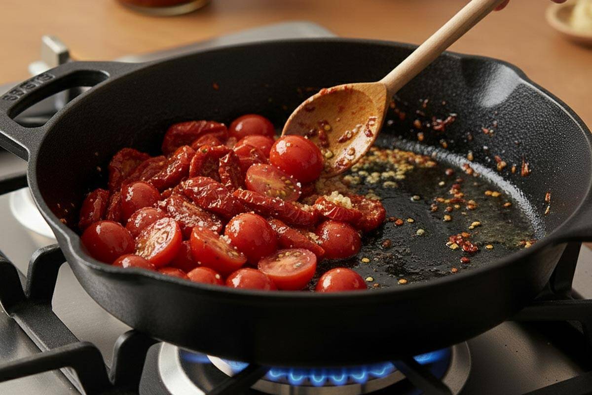 Added the tomatoes, salt and red pepper flakes.