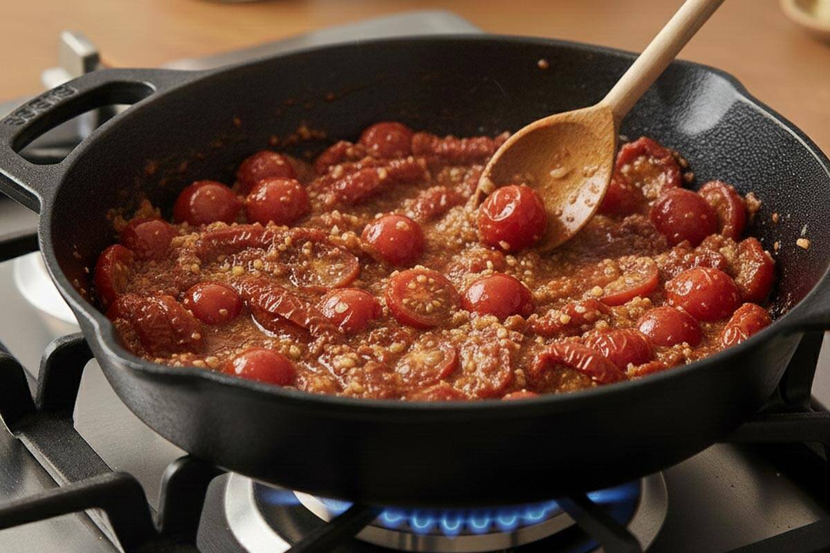 Stirring the tomatoes until it softens.