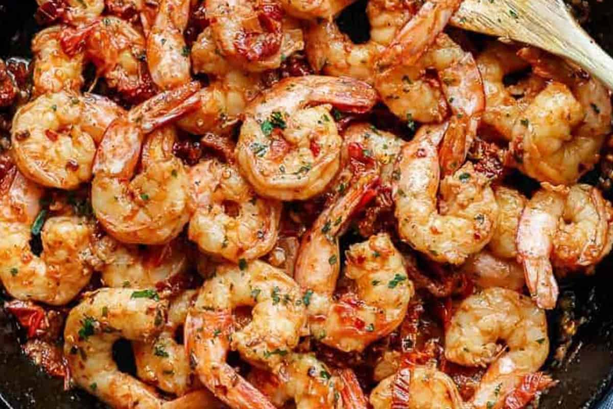 Close-up shot of Sun Dried Tomato Shrimp.