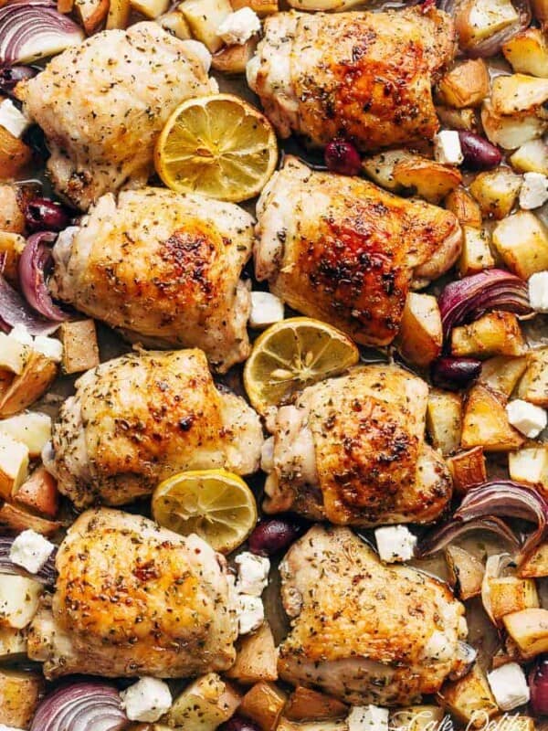 Greek Chicken And Potatoes on a baking tray
