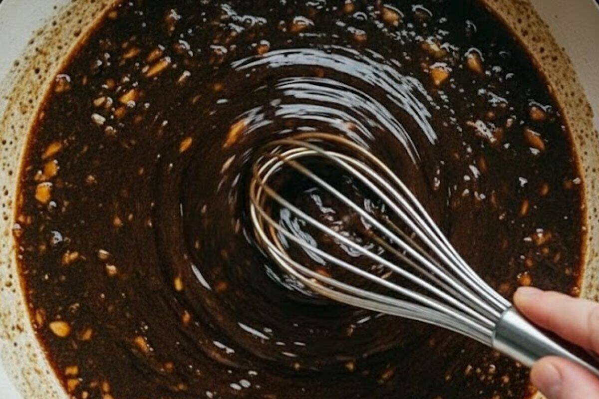 Sauté the garlic until fragrant, then add the balsamic vinegar and brown sugar