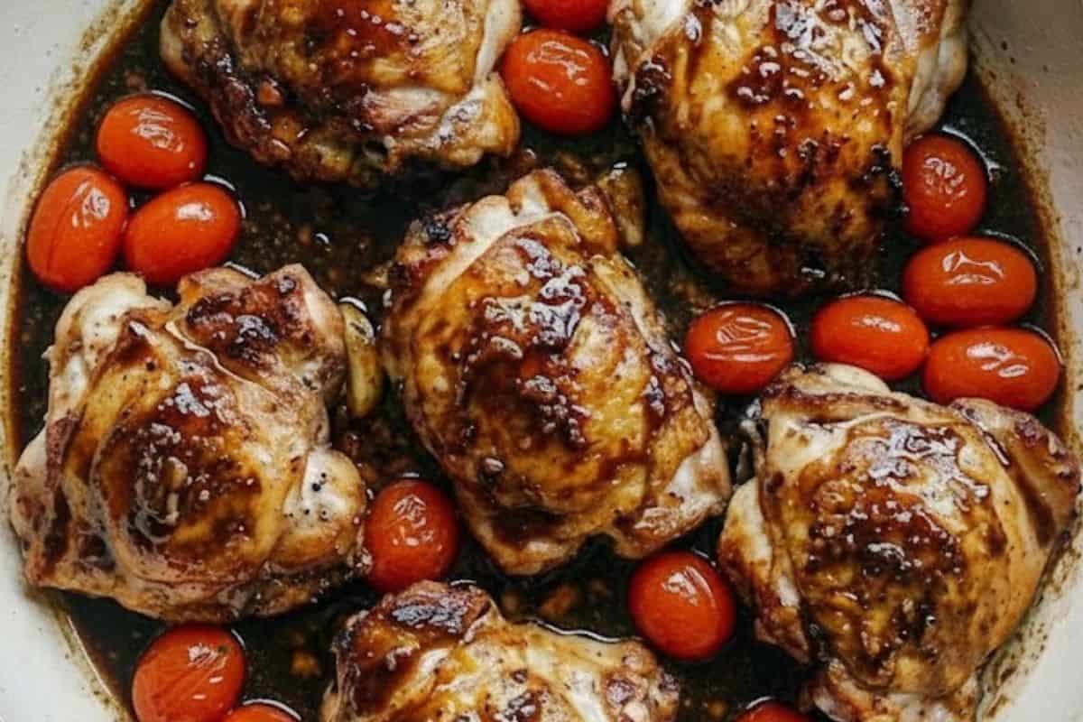 Return the chicken to the pan and turn each piece in the glaze, add one cup of whole tomatoes around the thighs, then bake until fully cooked.