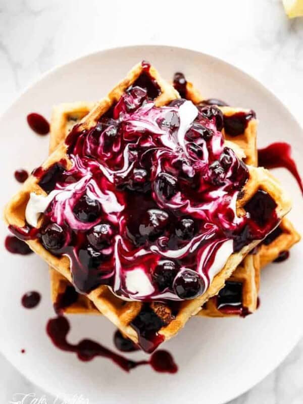 Top view of  Blueberry Lemon Cheesecake Waffles