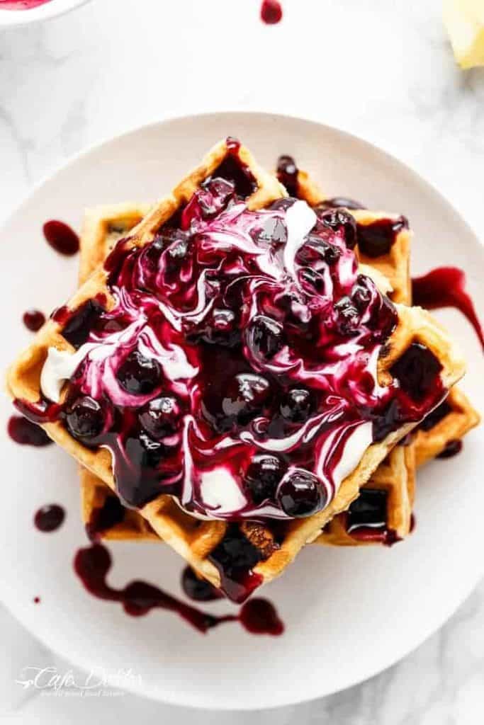 Top view of  Blueberry Lemon Cheesecake Waffles