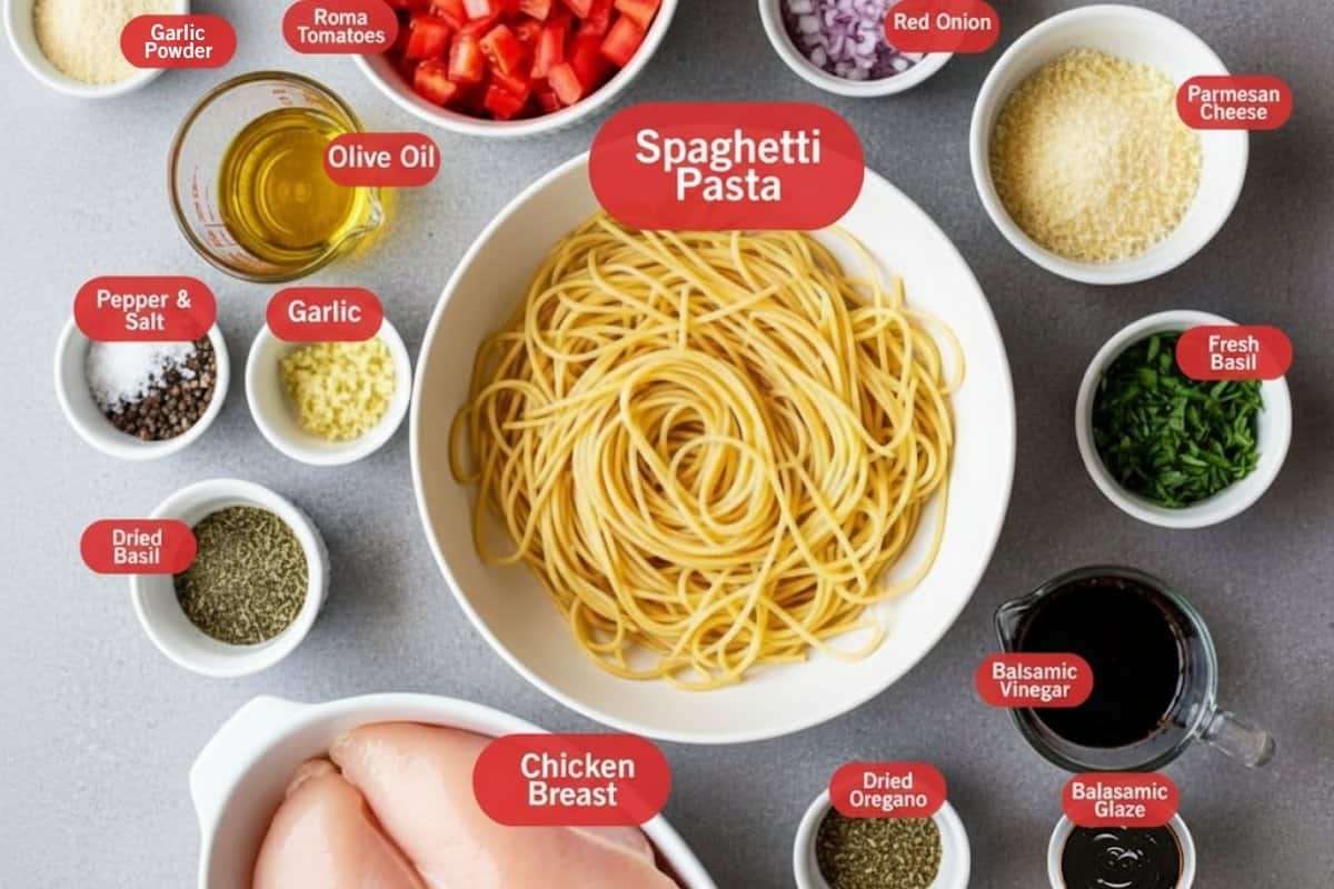 Flat lay photo of ingredient shot of spaghetti pasta, boneless and skinless chicken breast, dried basil, dried oregano, garlic powder, salt, pepper, garlic, red onion, balsamic vinegar, parmesan cheese, fresh basil, balsamic glaze