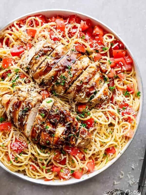 Bruschetta Chicken Pasta Salad on a platter