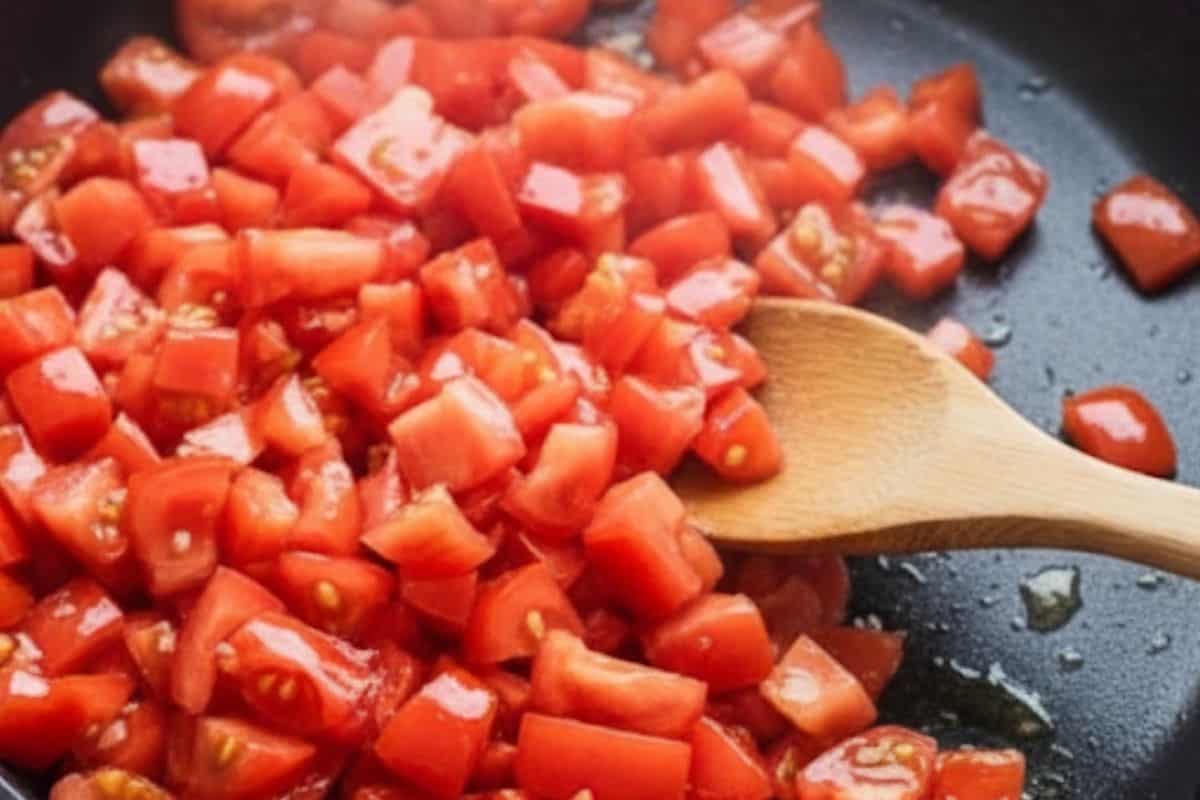 Stir the diced roma tomatoes into the pan just to heat them through.