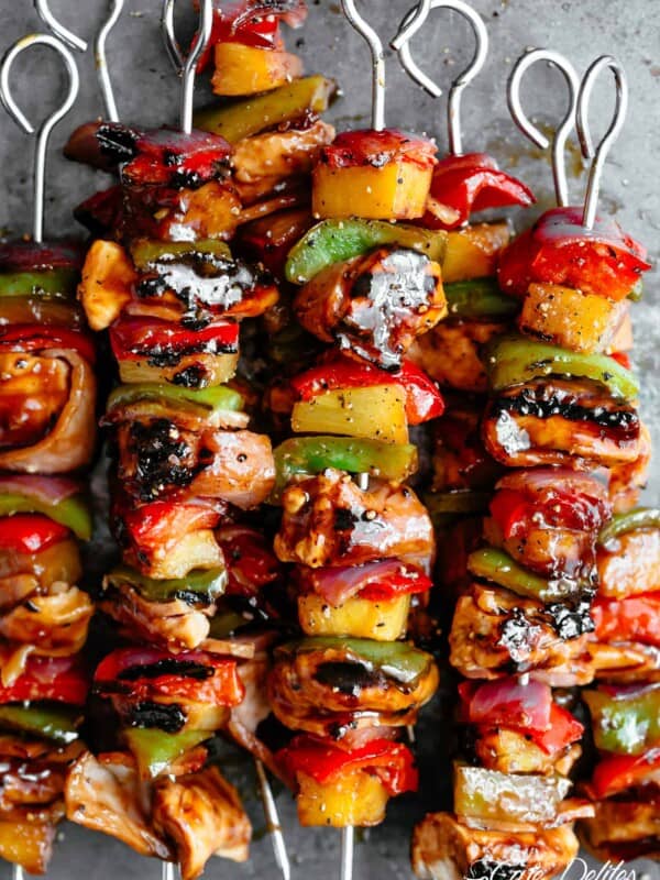 hawaiian-chicken-and-bacon-pineapple-skewers on a tray