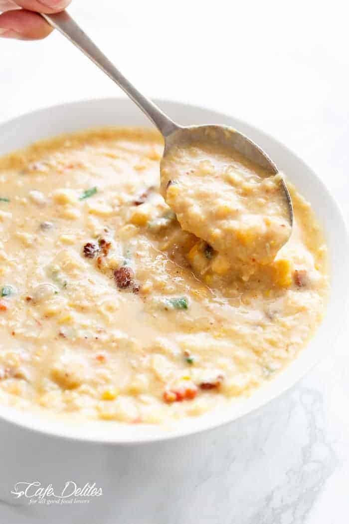 A Slow Cooker Chicken Potato Corn Chowder with crispy bacon pieces and mozzarella cheese! As simple as throwing ingredients into a slow cooker and letting it cook for you! (No Cream and Dairy Free Options!) | https://cafedelites.com