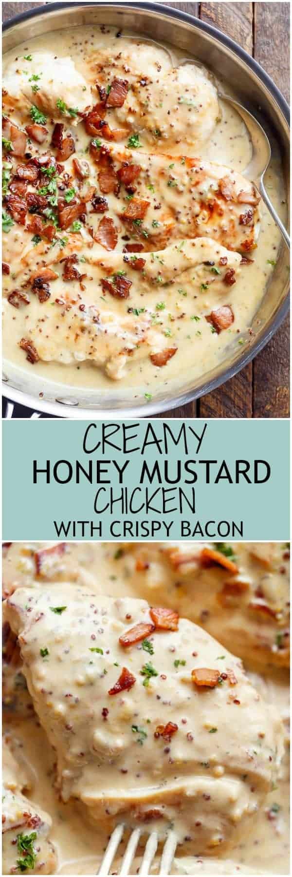 A deliciously Creamy Honey Mustard Chicken with crispy bacon pieces will become your new favourite dinner -- flour less and low carb WITH dairy free options! | https://cafedelites.com