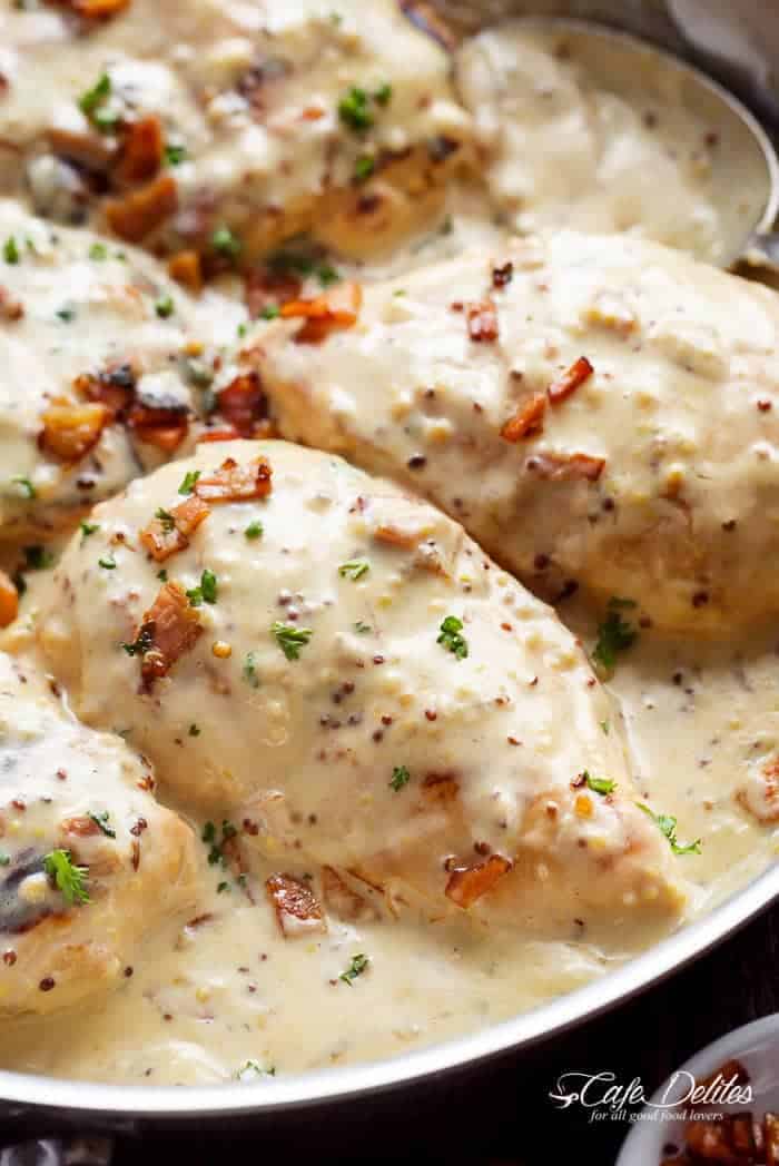 image focusing on chicken pieces from Creamy Honey Mustard Chicken With Bacon 