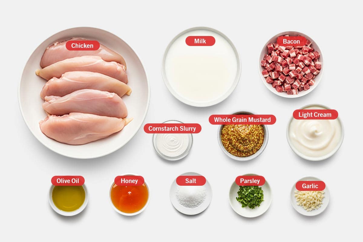 Top shot of ingredients: Chicken, Milk, bacon, cornstarch slurry, whole grain mustard, light cream, olive oil, honey, salt, parsley, and garlic.