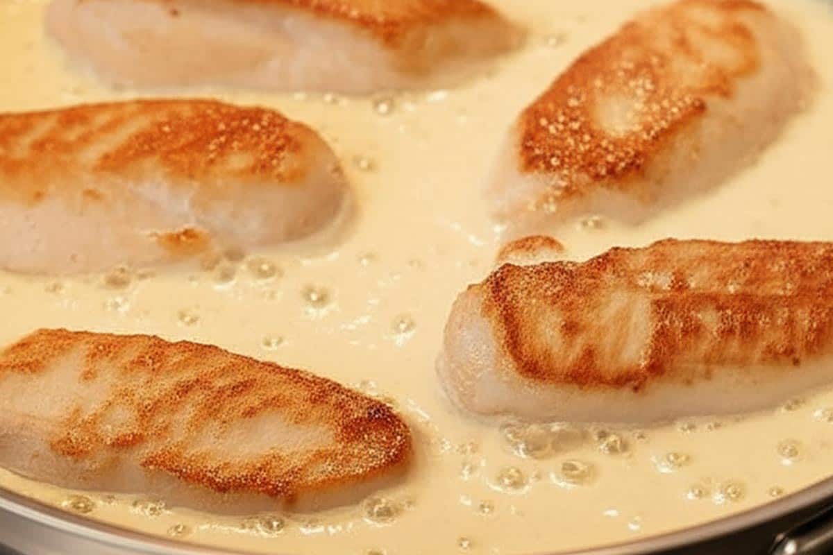 Chicken simmered in the sauce.