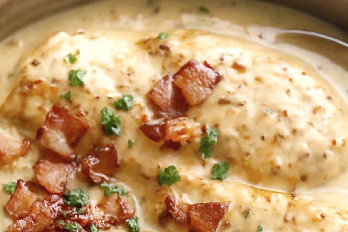 Chicken covered with thickened sauce topped with the crispy bacon and chopped parsley.