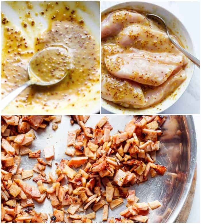 Collage on how to make Creamy Honey Mustard Chicken With Bacon 