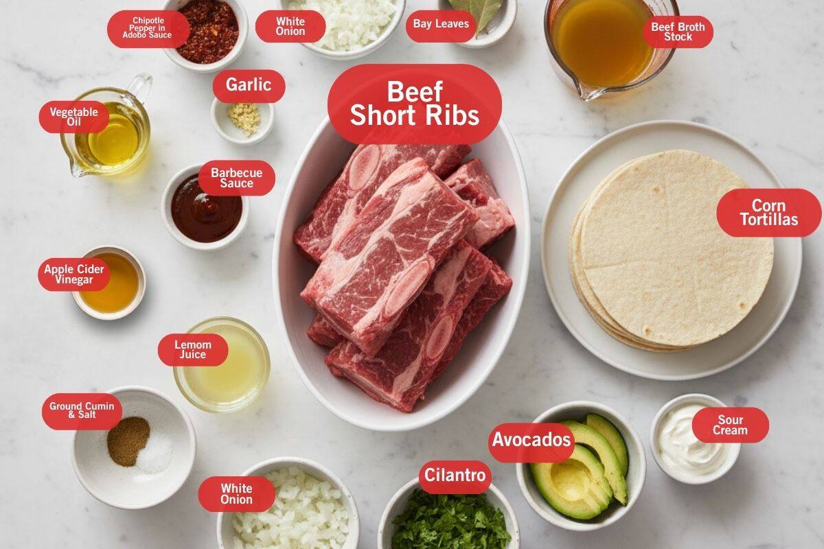 Flat lay photo of ingredient shot of beef short ribs, beef broth stock, corn tortillas, sour cream, avocados, cilantro, white onion, ground cumin and salt, lemon juice, apple cider vinegar, barbecue sauce, vegetable oil, garlic, chipotle pepper in adobo sauce, bay leaves