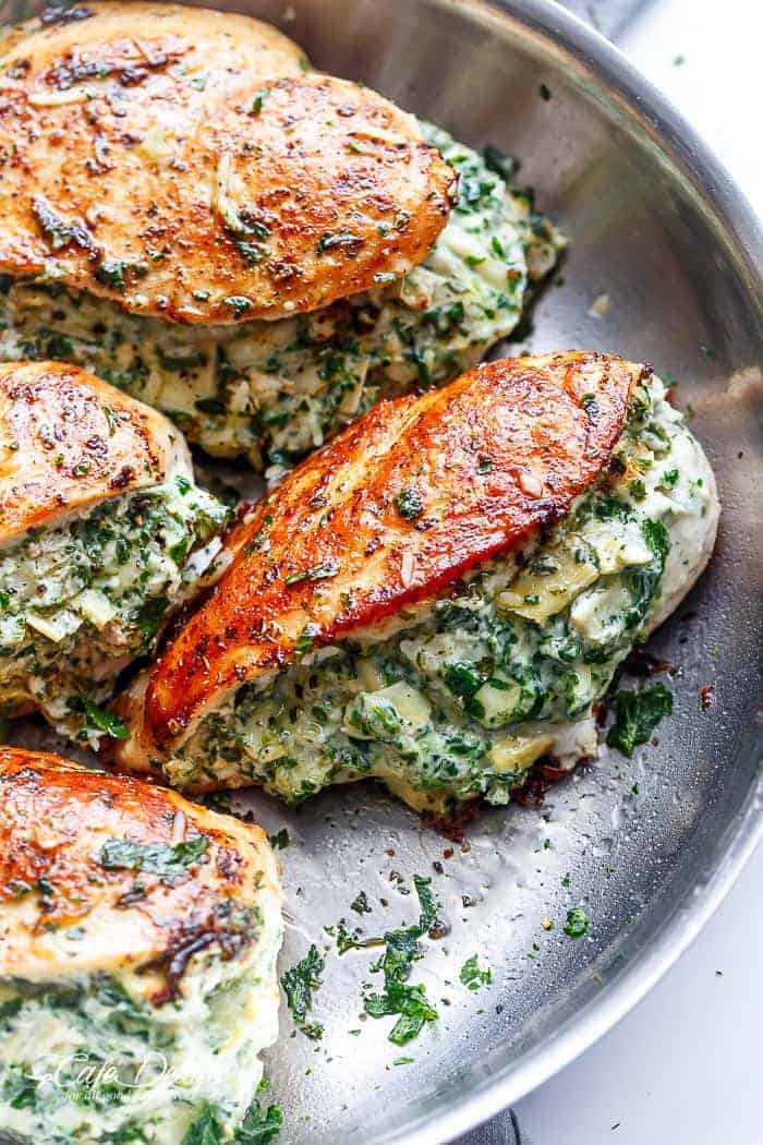 Spinach Artichoke Stuffed Chicken | https://cafedelites.com