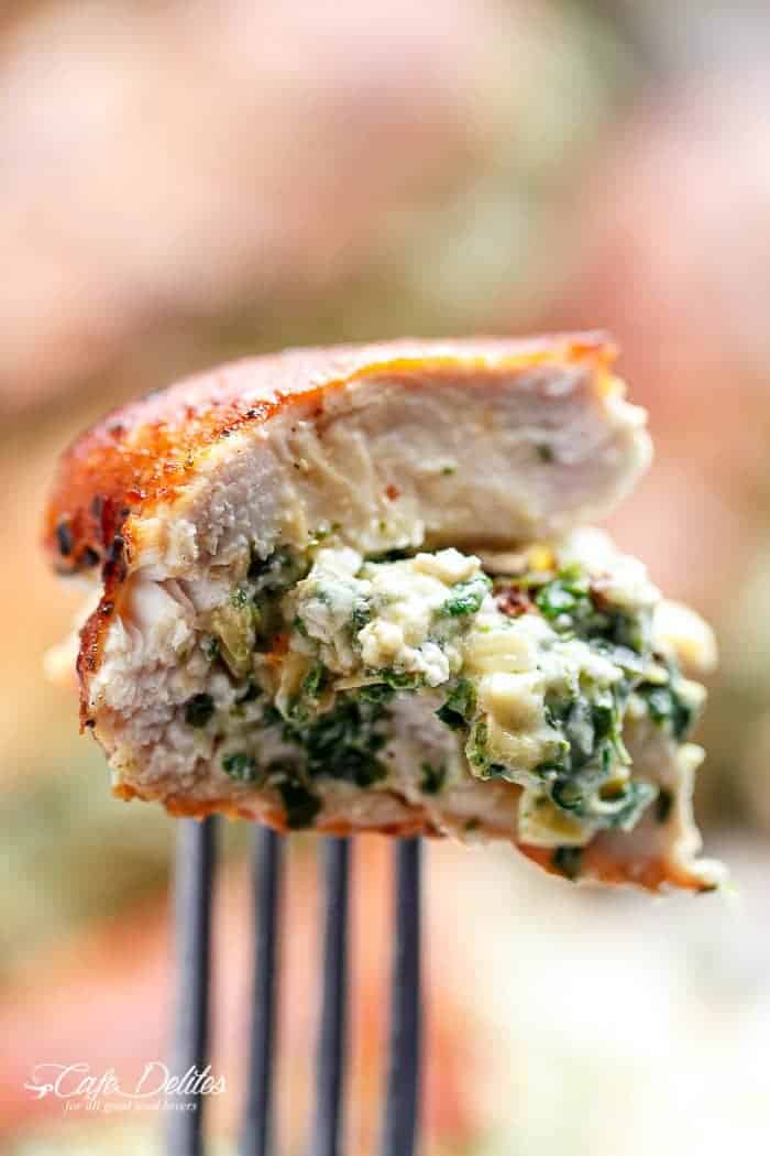 Spinach Artichoke Stuffed Chicken | https://cafedelites.com