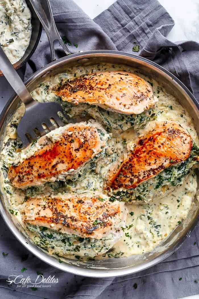 Spinach Artichoke Stuffed Chicken | https://cafedelites.com