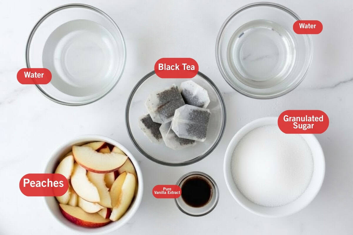 Flat lay photo of ingredient shot of water, black tea, granulated sugar, pure vanilla extract, peaches