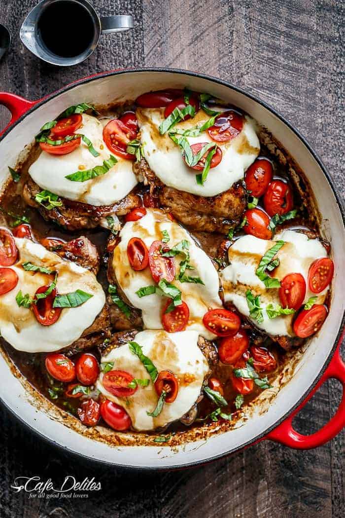 Caprese Chicken cooked right in a sweet, garlic balsamic glaze with juicy cherry tomatoes, fresh basil and topped with melted mozzarella cheese! | cafedelites.com