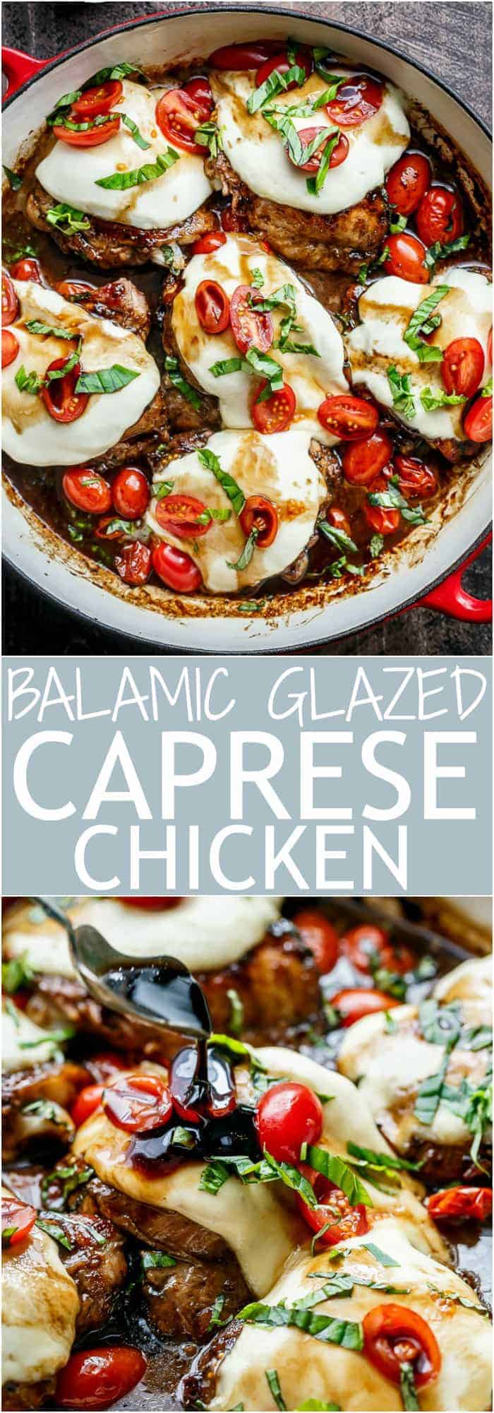 Caprese Chicken cooked right in a sweet, garlic balsamic glaze with juicy cherry tomatoes, fresh basil and topped with melted mozzarella cheese! | https://cafedelites.com