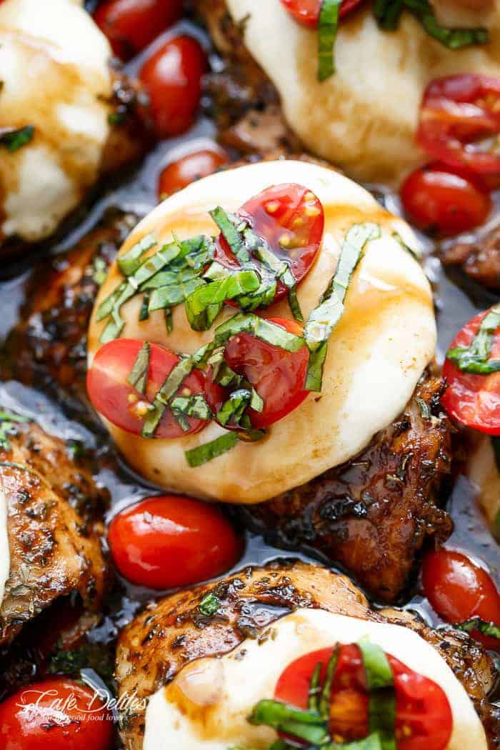 Baked Caprese Chicken Thighs cooked right in a sweet Caprese Chicken