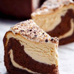 A piece of Chocolate Peanut Butter Cheesecake Cake