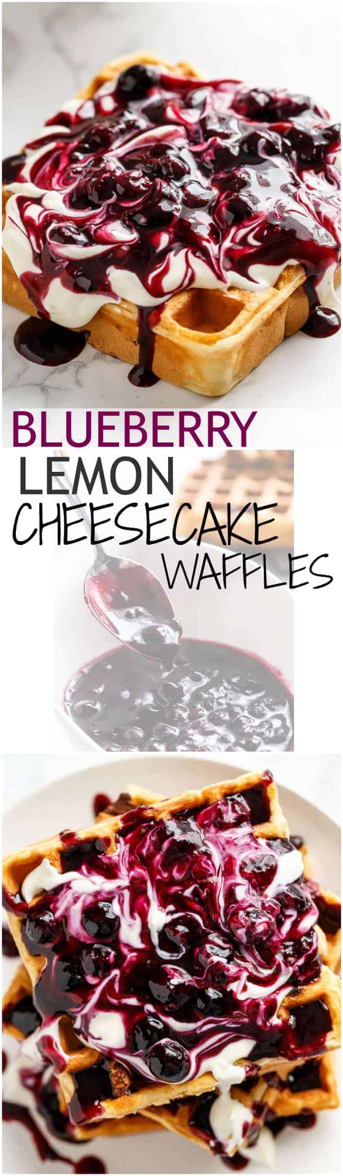 Blueberry Lemon Cheesecake Waffles bursting with blueberries in every bite, served with a creamy cheesecake toping and fresh home-made Blueberry Sauce! | https://cafedelites.com