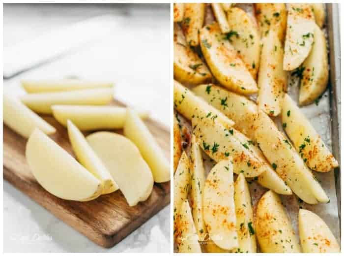 Crispy Garlic Baked Potato Wedges | https://cafedelites.com