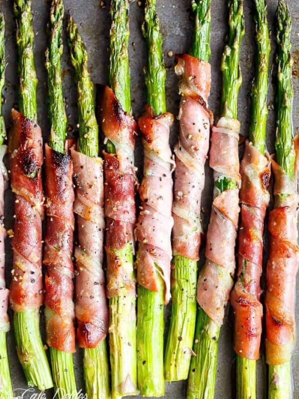 Top view of Garlic Butter Prosciutto Wrapped Asparagus