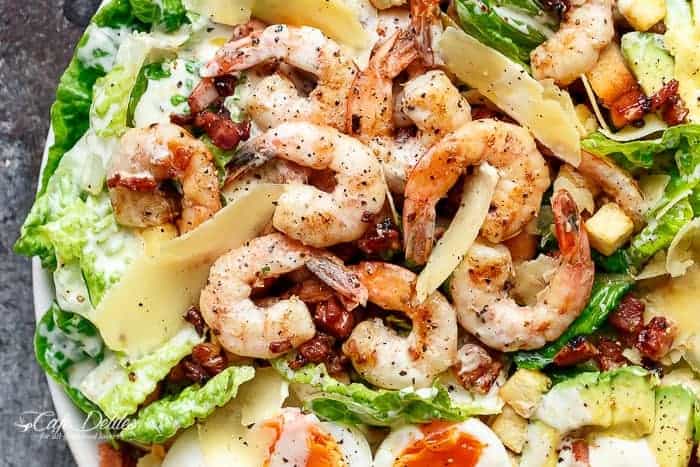 Grilled and Skinny Lemon Garlic Shrimp Caesar Salad with a lightened up creamy Caesar dres Skinny Lemon Garlic Shrimp Caesar Salad