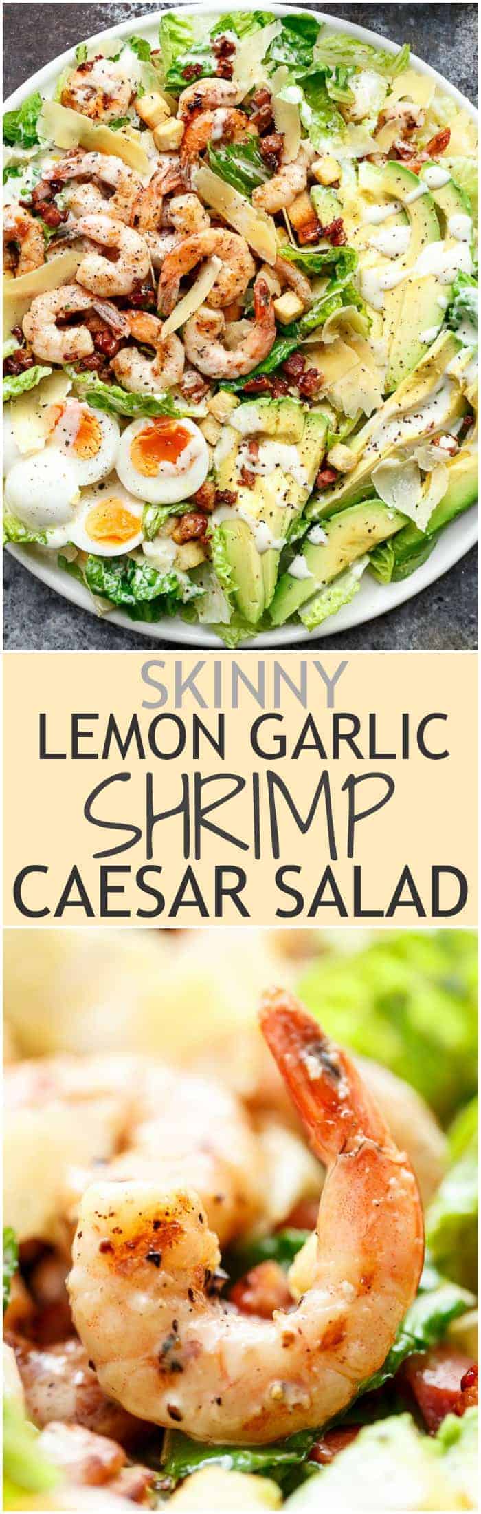 Grilled and Skinny Lemon Garlic Shrimp Caesar Salad with a lightened up creamy Caesar dressing is a complete meal in a salad and a family favourite! | https://cafedelites.com