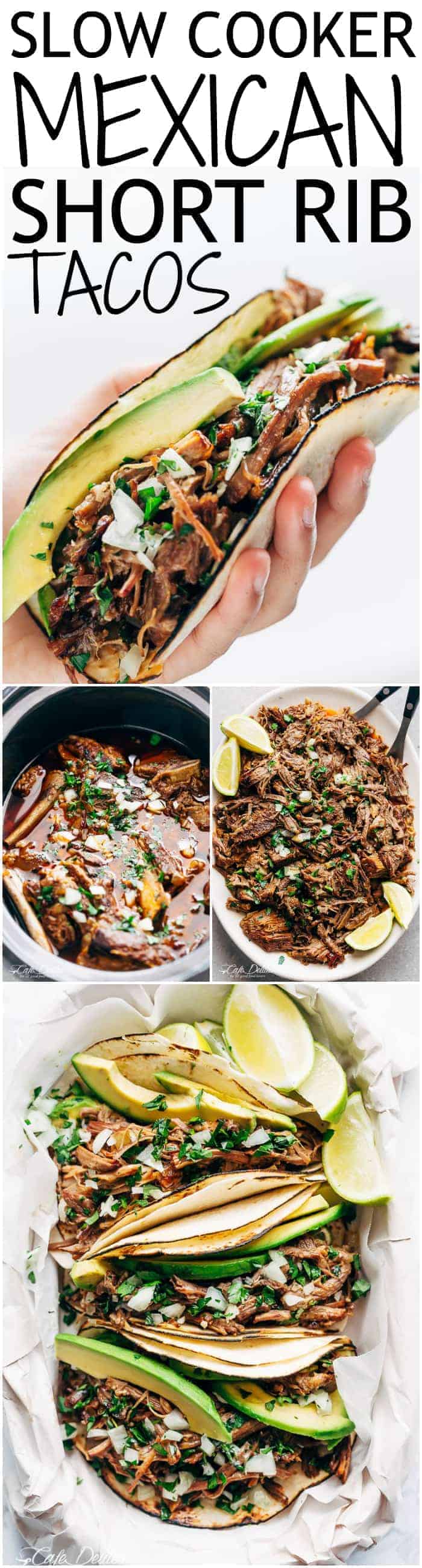Slow Cooker Beef Short Ribs full of barbacoa flavours! Meat so tender it falls off the bone before being stuffed into Taco's and served with Avocado! | https://cafedelites.com