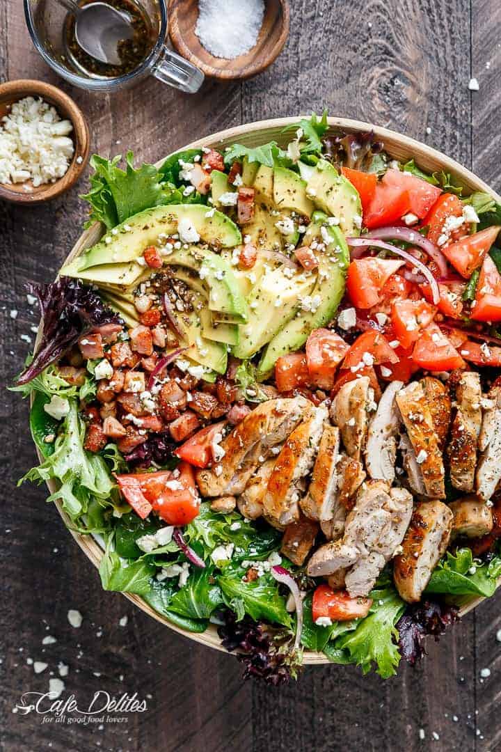 BLT Balsamic Chicken Avocado & Feta Salad | https://cafedelites.com