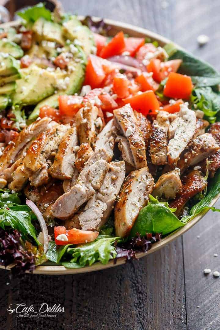 BLT Balsamic Chicken Avocado & Feta Salad | https://cafedelites.com