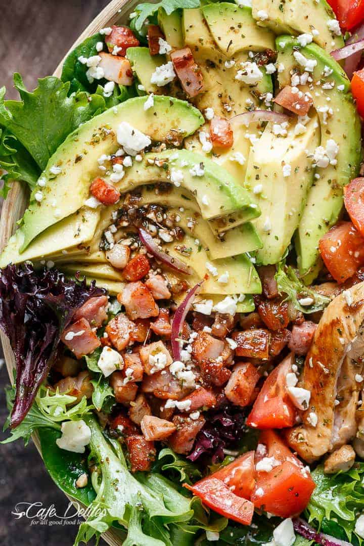 BLT Balsamic Chicken Avocado & Feta Salad | https://cafedelites.com