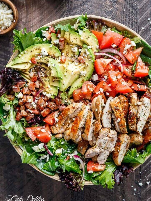 BLT Balsamic Chicken Avocado Salad on a platter