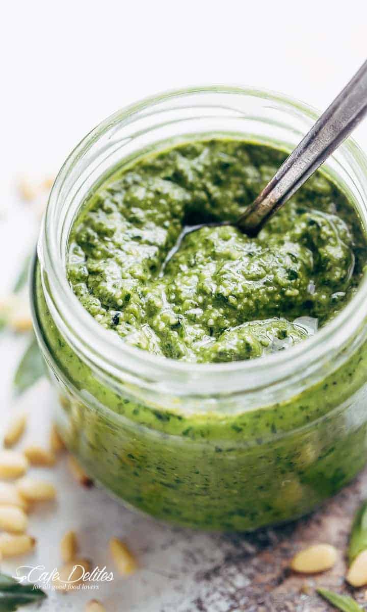  homemade basil pesto can be used as an easy marinade for grilled and roast meats OR stirr Homemade Basil Pesto